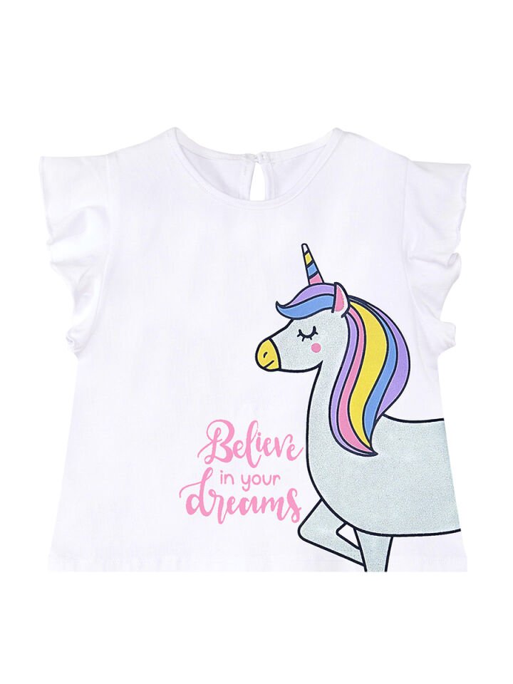 Sim Unicorn Kız Çocuk T-Shirt Poplin Şort Takım 2 Y - Beyaz, Lacivert