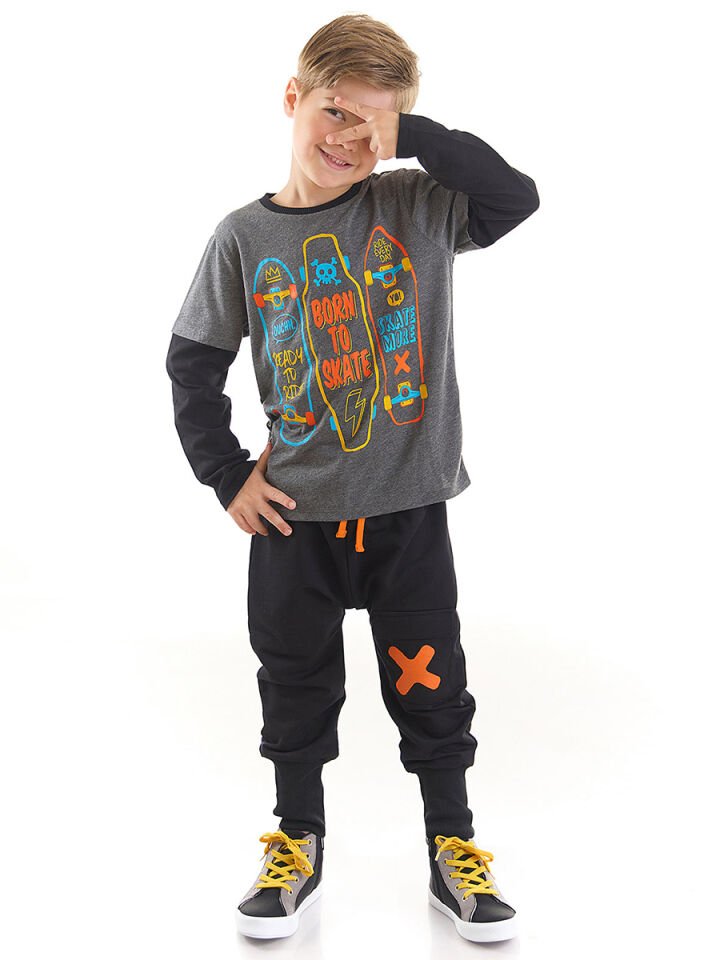 Skate Erkek Çocuk T-shirt Pantolon Takım 5 Y - Gri, Siyah