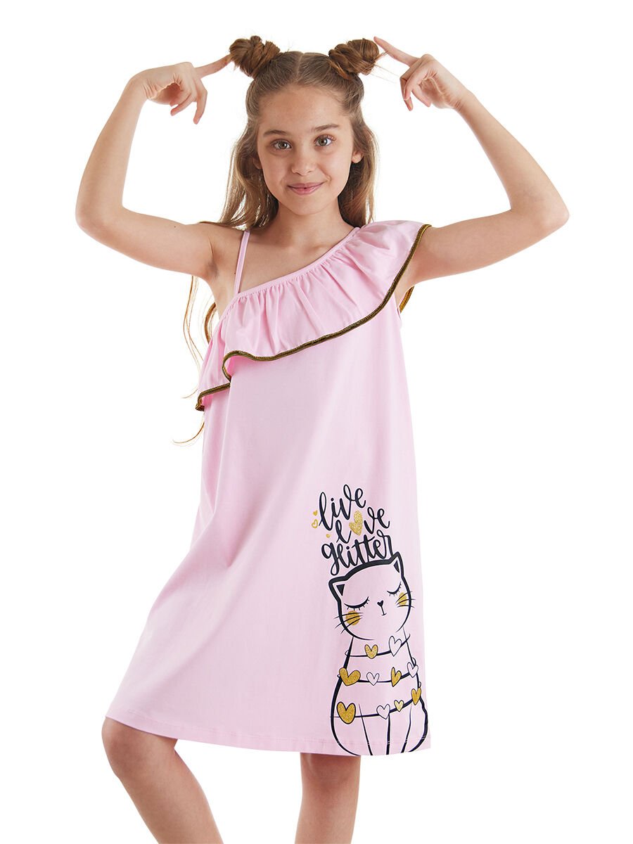 Romantik Kedi Kız Çocuk Elbise 7 Y - Pembe