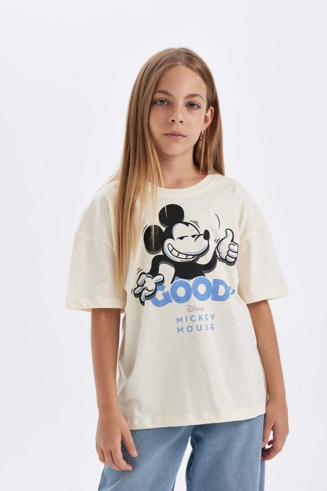 Kız Çocuk Disney Mickey & Minnie Oversize Geniş Kalıp Bisiklet Yaka Kısa Kollu Tişört