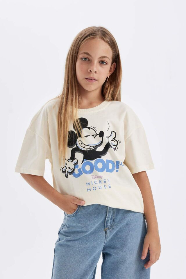 Kız Çocuk Disney Mickey & Minnie Oversize Geniş Kalıp Bisiklet Yaka Kısa Kollu Tişört