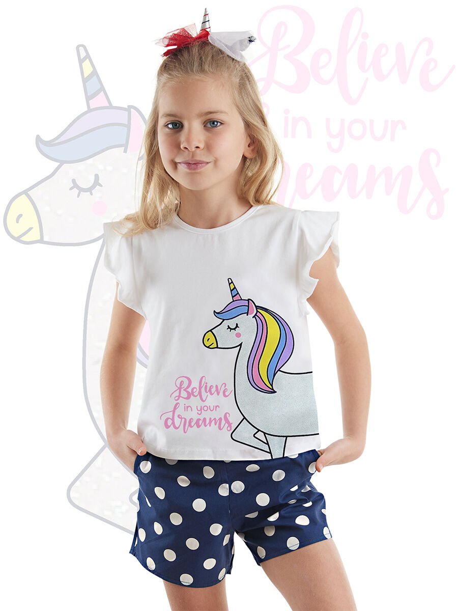 Sim Unicorn Kız Çocuk T-Shirt Poplin Şort Takım 3 Y - Beyaz, Lacivert