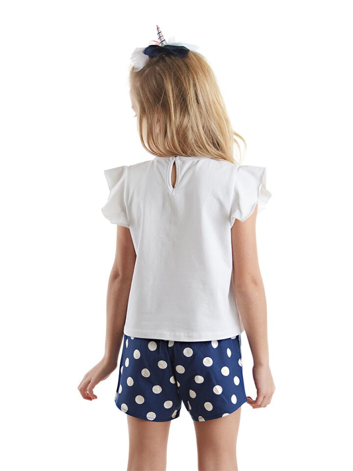 Sim Unicorn Kız Çocuk T-Shirt Poplin Şort Takım 3 Y - Beyaz, Lacivert
