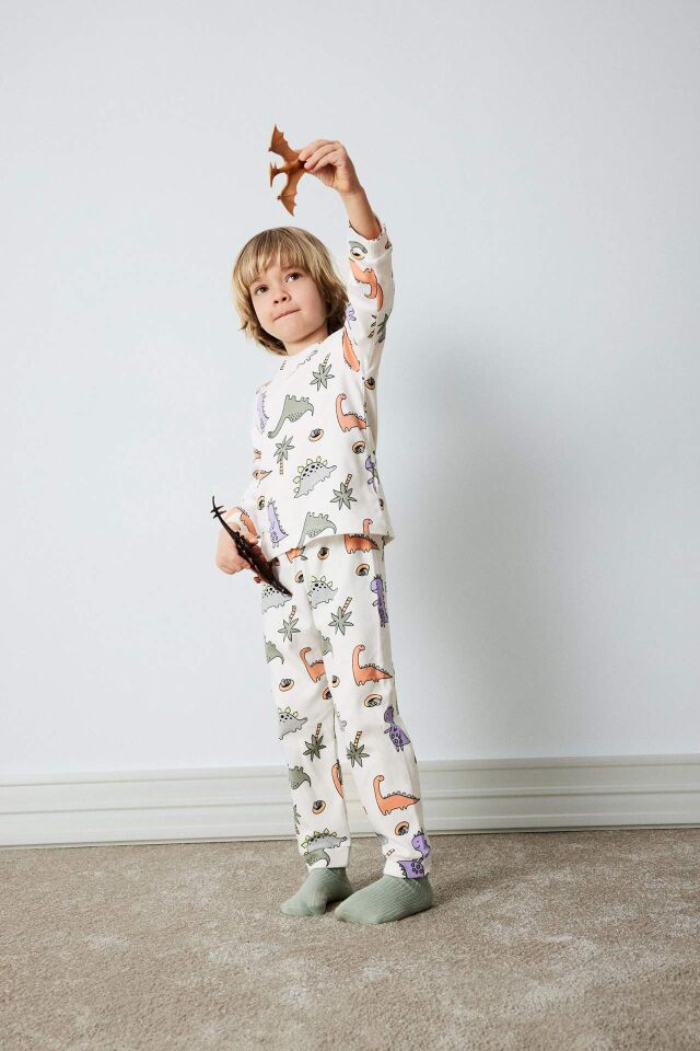 Erkek Bebek Pijama Takımı Dinazor Baskılı Uzun Kollu Üst Beli Lastikli Uzun Alt