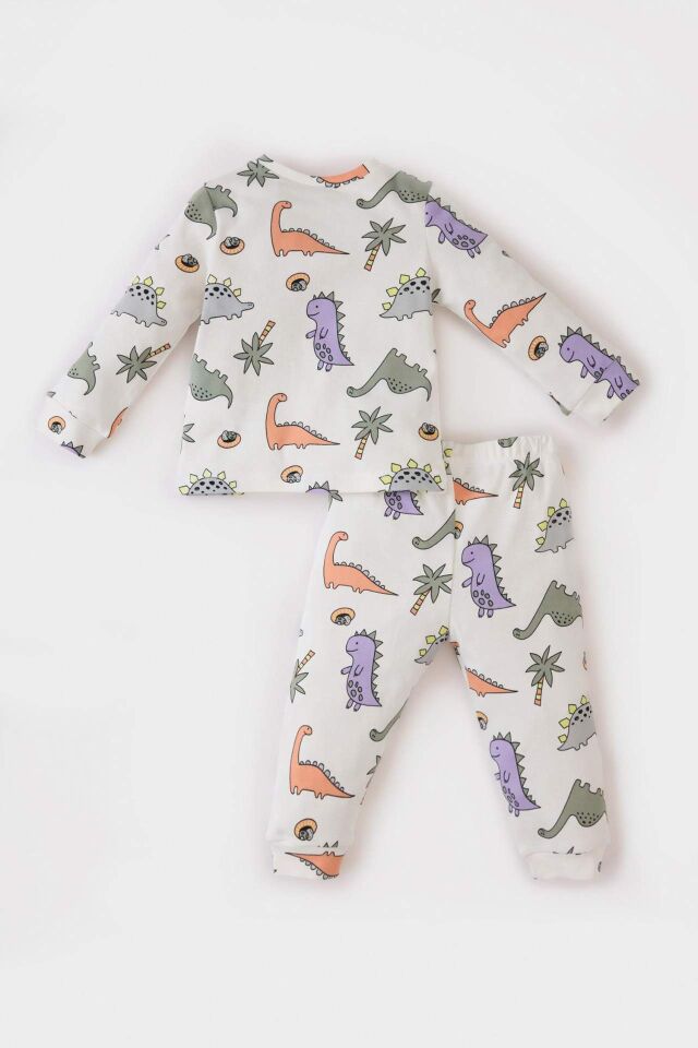 Erkek Bebek Pijama Takımı Dinazor Baskılı Uzun Kollu Üst Beli Lastikli Uzun Alt