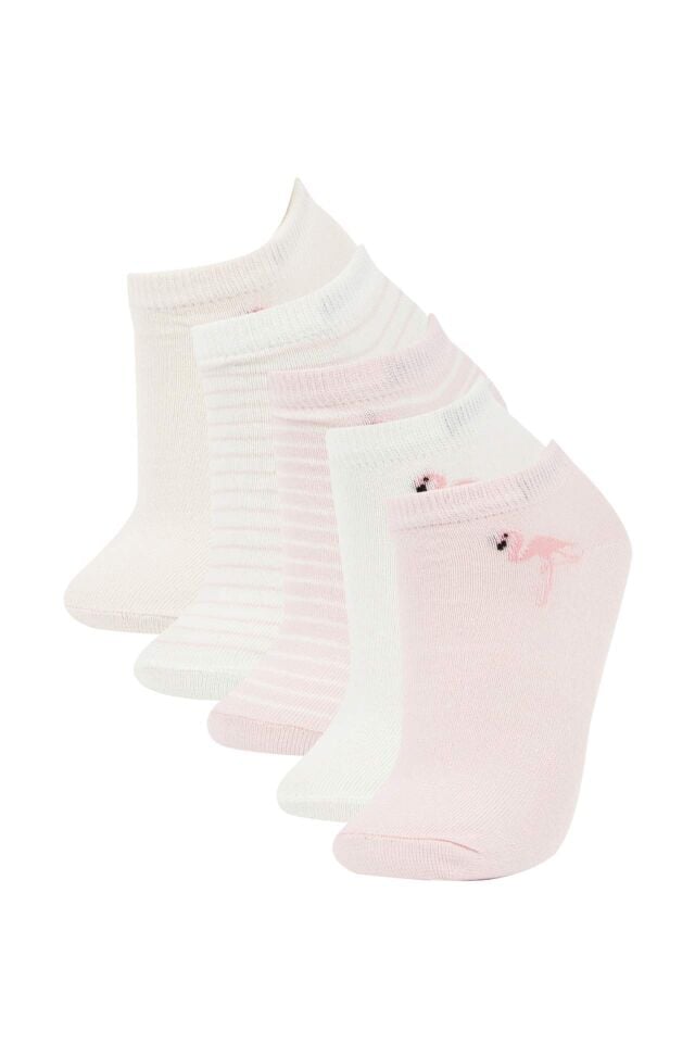 Kız Çocuk 5'li Pamuklu Cizgili Ve Flamingo Baskılı Patik Çorap