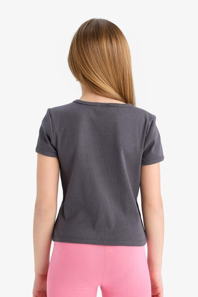 Kız Çocuk Fitted Bisiklet Yaka Baskılı Fitilli Kaşkorse Kısa Kollu Tişört