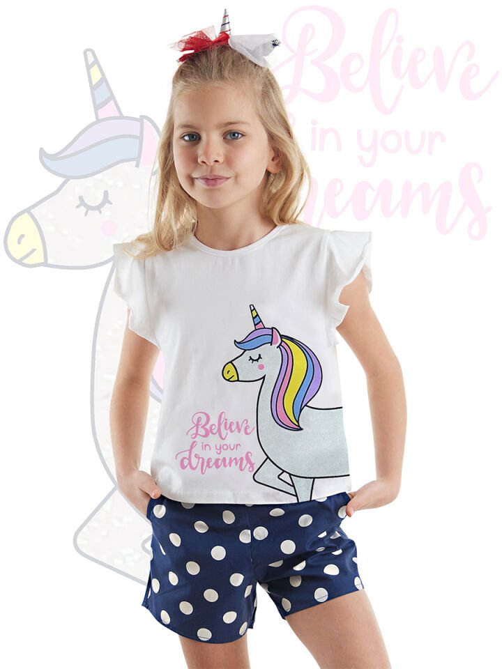 Sim Unicorn Kız Çocuk T-Shirt Poplin Şort Takım 7 Y - Beyaz, Lacivert