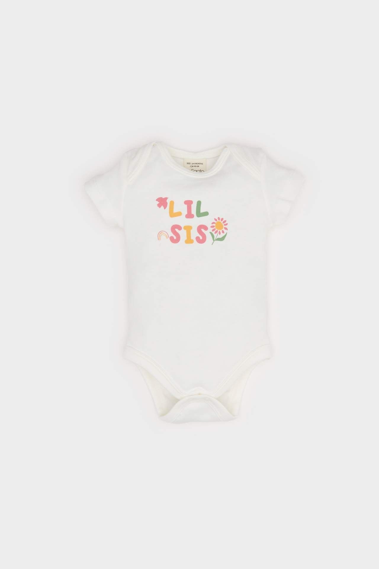 Kız Bebek Yenidoğan Bisiklet Yaka Baskılı Ribana Kısa Kollu Çıtçıtlı Body