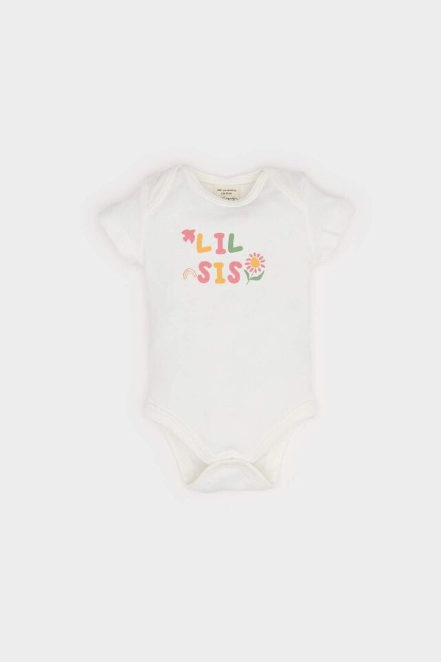 Kız Bebek Yenidoğan Bisiklet Yaka Baskılı Ribana Kısa Kollu Çıtçıtlı Body