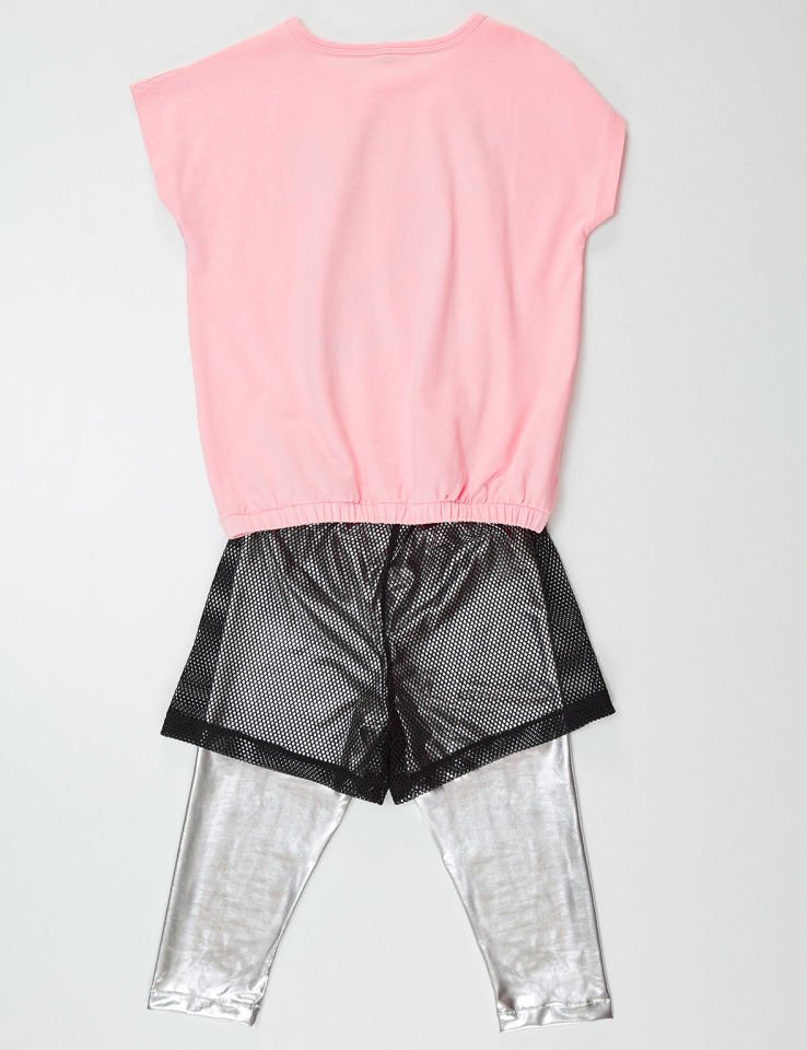 Paten Fileli Kız Çocuk T-shirt Parlak Tayt Takım 6 Y - Açık Pembe&Gri