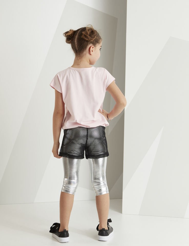 Paten Fileli Kız Çocuk T-shirt Parlak Tayt Takım 10 Y - Açık Pembe&Gri