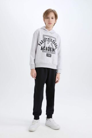 Erkek Çocuk 2'li Takım Kapüşonlu Baskılı Sweatshirt Beli Lastikli Eşofman Altı