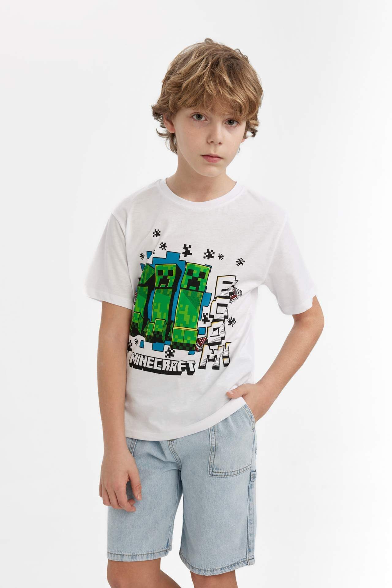 Erkek Çocuk Minecraft Bisiklet Yaka Kısa Kollu Tişört