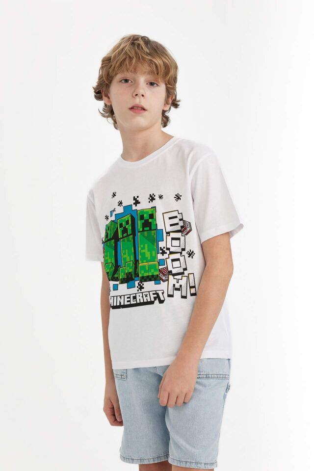 Erkek Çocuk Minecraft Bisiklet Yaka Kısa Kollu Tişört