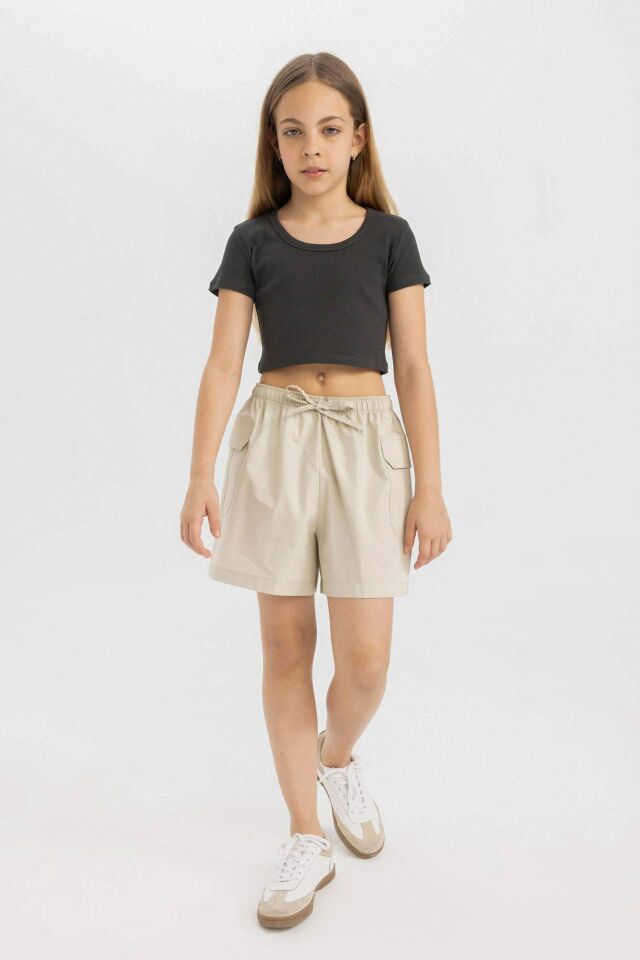 Kız Çocuk Slim Fit Dar Kesim Bisiklet Yaka Basic Düz Fitilli Kaşkorse Kısa Kollu Tişört