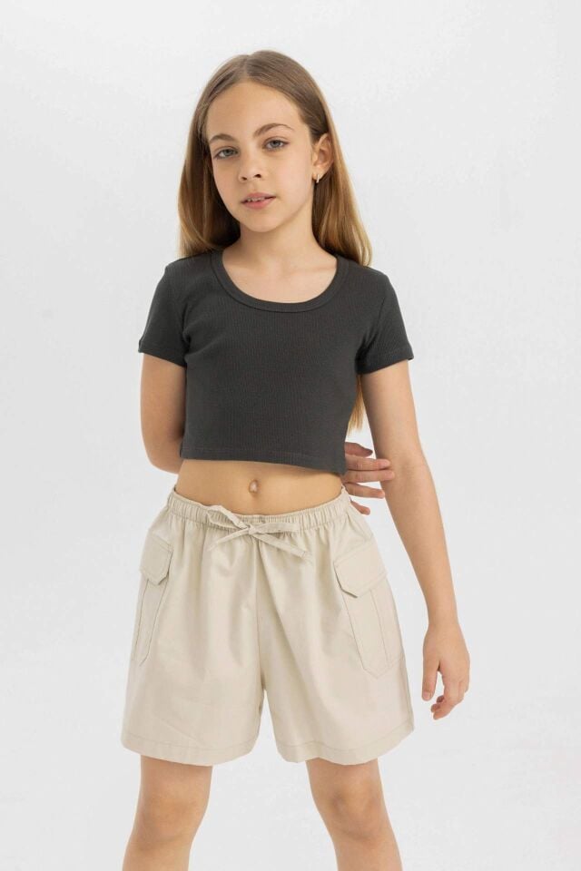 Kız Çocuk Slim Fit Dar Kesim Bisiklet Yaka Basic Düz Fitilli Kaşkorse Kısa Kollu Tişört
