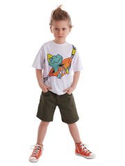 Çanta Dino Erkek Çocuk T-shirt Gabardin Şort Takım 4 Y - Beyaz, Haki