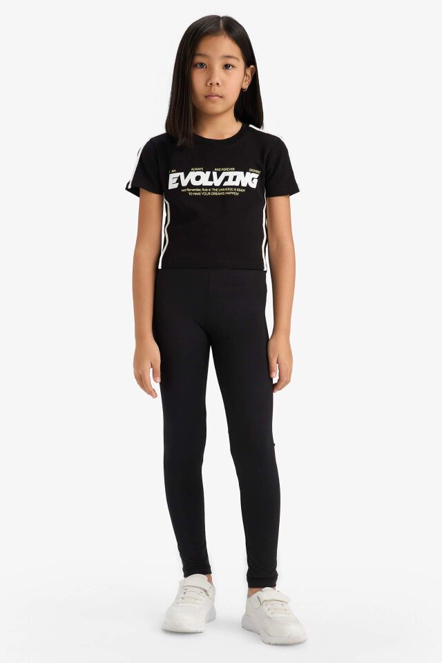 Kız Çocuk Slim Fit Dar Kesim Bisiklet Yaka Baskılı Fitilli Kaşkorse Kısa Kollu Tişört