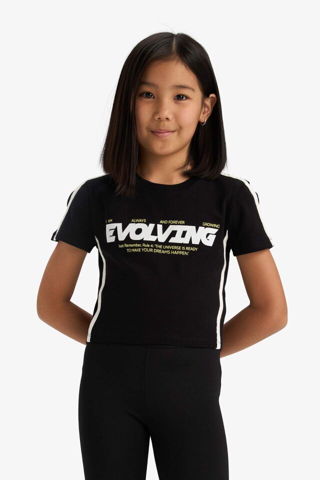 Kız Çocuk Slim Fit Dar Kesim Bisiklet Yaka Baskılı Fitilli Kaşkorse Kısa Kollu Tişört
