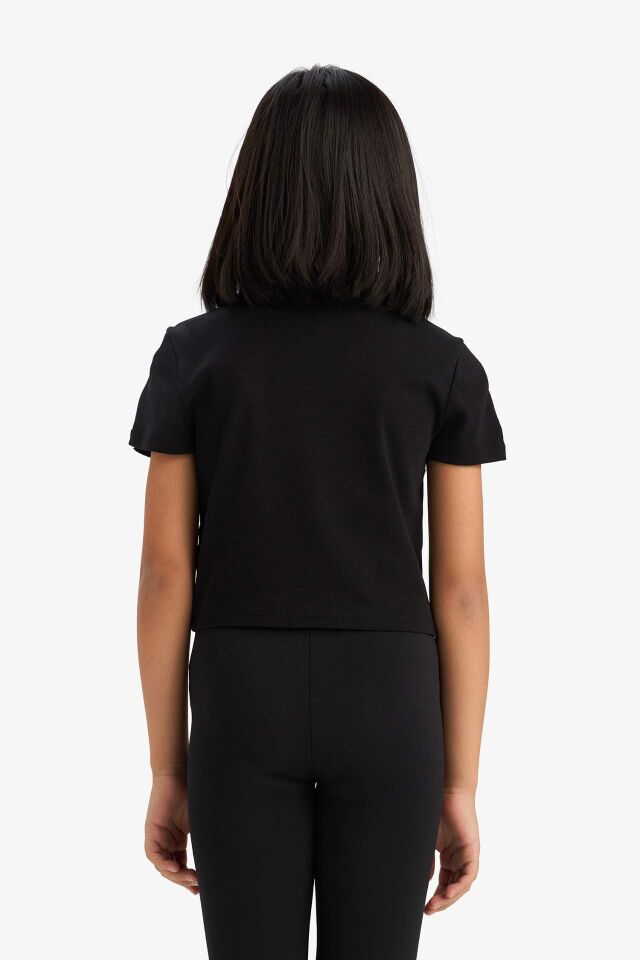 Kız Çocuk Slim Fit Dar Kesim Bisiklet Yaka Baskılı Fitilli Kaşkorse Kısa Kollu Tişört