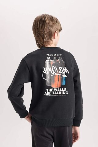 Erkek Çocuk Bisiklet Yaka Sırt Baskılı Kalın Sweatshirt