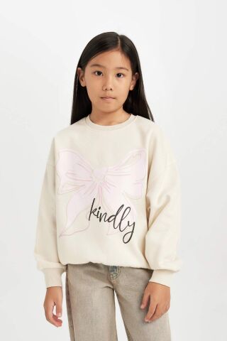 Kız Çocuk Relax Fit Bisiklet Yaka Baskılı Sweatshirt