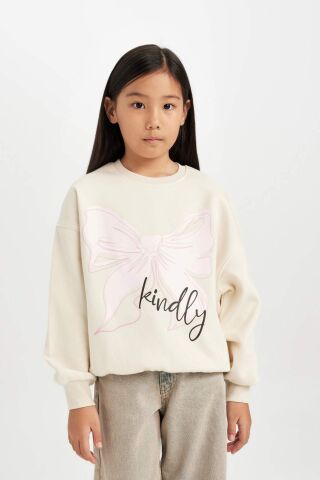 Kız Çocuk Relax Fit Bisiklet Yaka Baskılı Sweatshirt