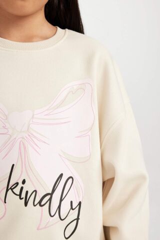 Kız Çocuk Relax Fit Bisiklet Yaka Baskılı Sweatshirt