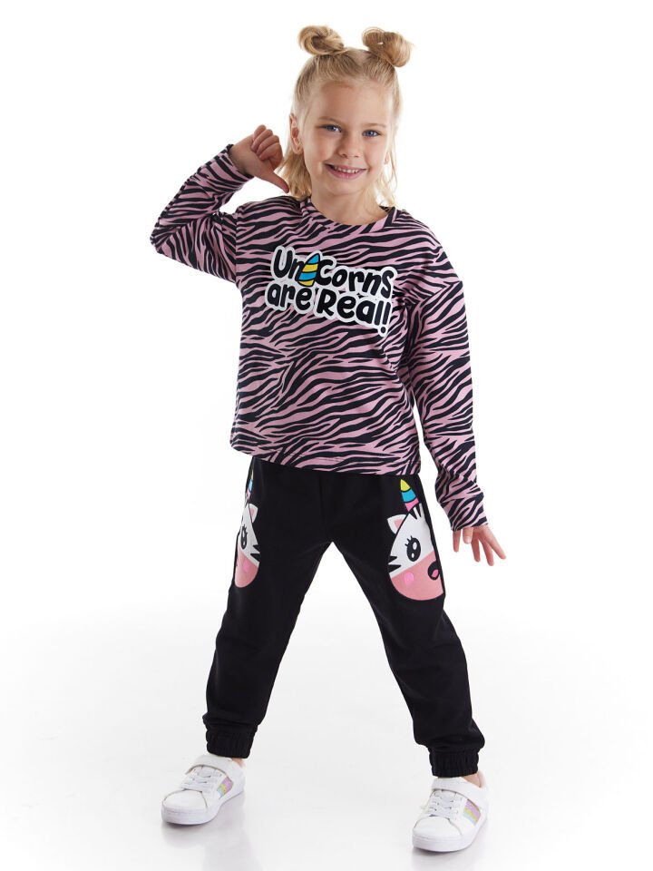 Unicorn Zebra Kız Çocuk T-shirt Pantolon Takım 5 Y - Pembe, Siyah