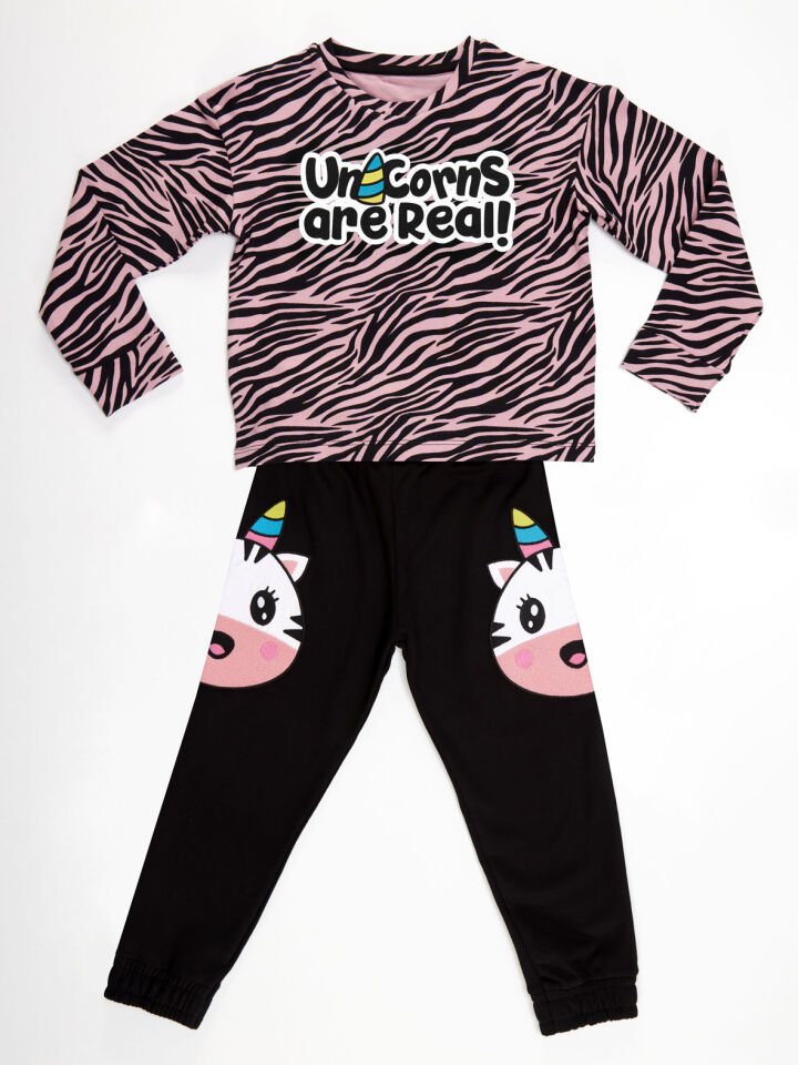 Unicorn Zebra Kız Çocuk T-shirt Pantolon Takım 5 Y - Pembe, Siyah