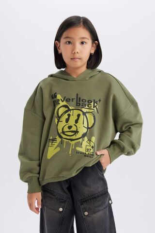 Kız Çocuk Oversize Geniş Kalıp Kapüşonlu Baskılı Sweatshirt