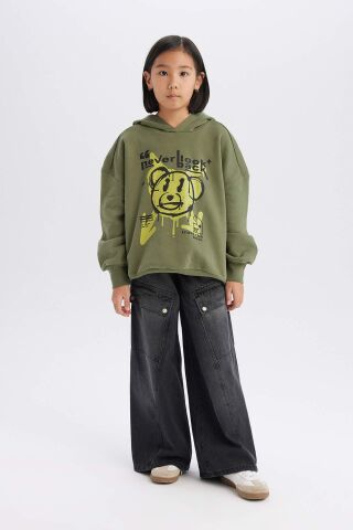 Kız Çocuk Oversize Geniş Kalıp Kapüşonlu Baskılı Sweatshirt