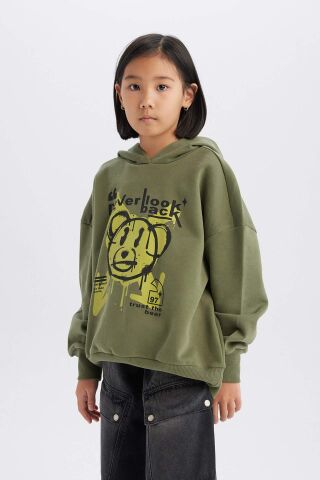 Kız Çocuk Oversize Geniş Kalıp Kapüşonlu Baskılı Sweatshirt