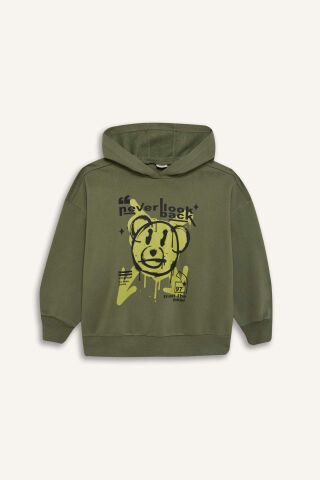 Kız Çocuk Oversize Geniş Kalıp Kapüşonlu Baskılı Sweatshirt