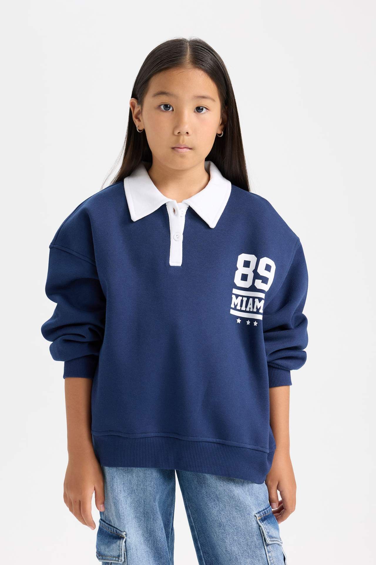 Kız Çocuk Oversize Geniş Kalıp Polo Yaka Baskılı İçi Yumuşak Tüylü Kalın Sweatshirt