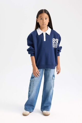Kız Çocuk Oversize Geniş Kalıp Polo Yaka Baskılı İçi Yumuşak Tüylü Kalın Sweatshirt