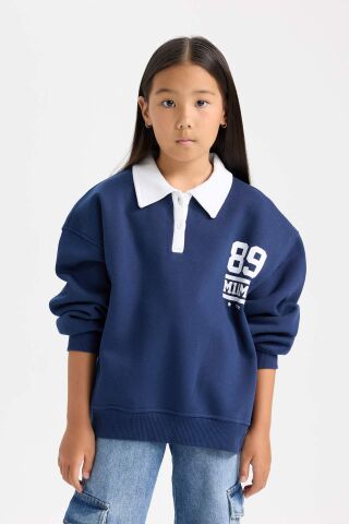 Kız Çocuk Oversize Geniş Kalıp Polo Yaka Baskılı İçi Yumuşak Tüylü Kalın Sweatshirt