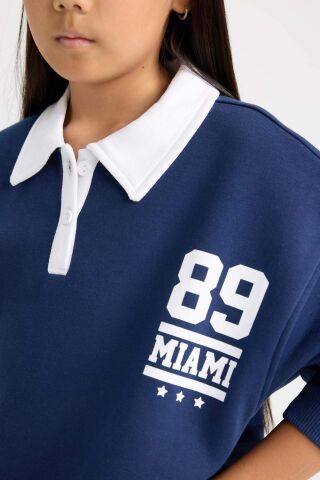 Kız Çocuk Oversize Geniş Kalıp Polo Yaka Baskılı İçi Yumuşak Tüylü Kalın Sweatshirt