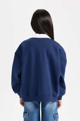 Kız Çocuk Oversize Geniş Kalıp Polo Yaka Baskılı İçi Yumuşak Tüylü Kalın Sweatshirt
