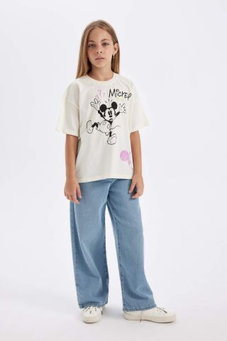 Kız Çocuk Disney Mickey & Minnie Oversize Geniş Kalıp Bisiklet Yaka Kısa Kollu Tişört