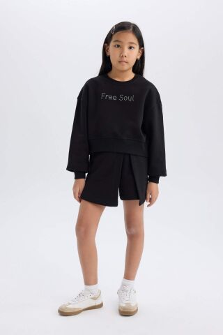 Kız Çocuk 2'li Takım Uzun Kollu Baskılı İçi Yumuşak Tüylü Sweatshirt Şort Etek