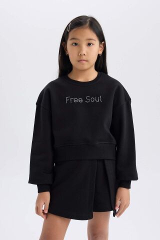 Kız Çocuk 2'li Takım Uzun Kollu Baskılı İçi Yumuşak Tüylü Sweatshirt Şort Etek