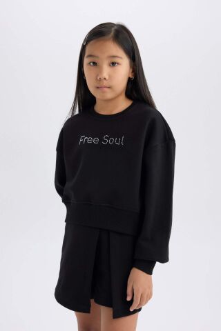 Kız Çocuk 2'li Takım Uzun Kollu Baskılı İçi Yumuşak Tüylü Sweatshirt Şort Etek