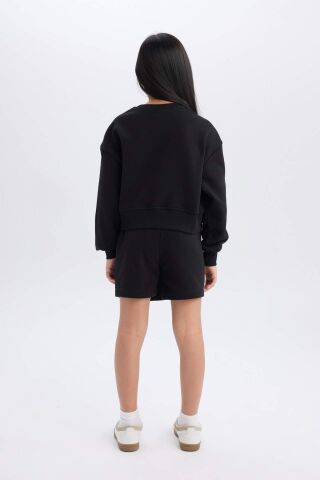 Kız Çocuk 2'li Takım Uzun Kollu Baskılı İçi Yumuşak Tüylü Sweatshirt Şort Etek