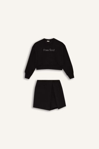 Kız Çocuk 2'li Takım Uzun Kollu Baskılı İçi Yumuşak Tüylü Sweatshirt Şort Etek