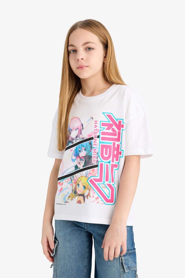 Kız Çocuk Hatsune Miku Relax Fit Bisiklet Yaka Kısa Kollu Tişört