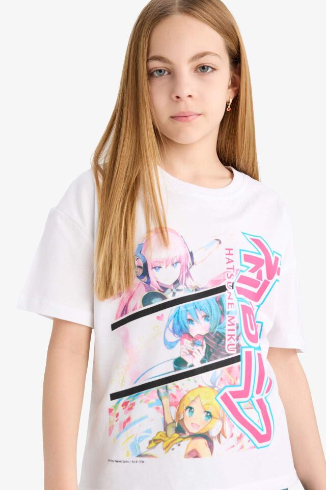 Kız Çocuk Hatsune Miku Relax Fit Bisiklet Yaka Kısa Kollu Tişört