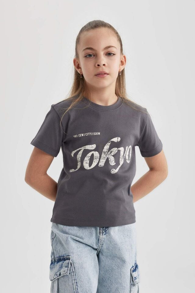Kız Çocuk Slim Fit Dar Kesim Bisiklet Yaka Fitilli Kaşkorse Baskılı Kısa Kollu Tişört