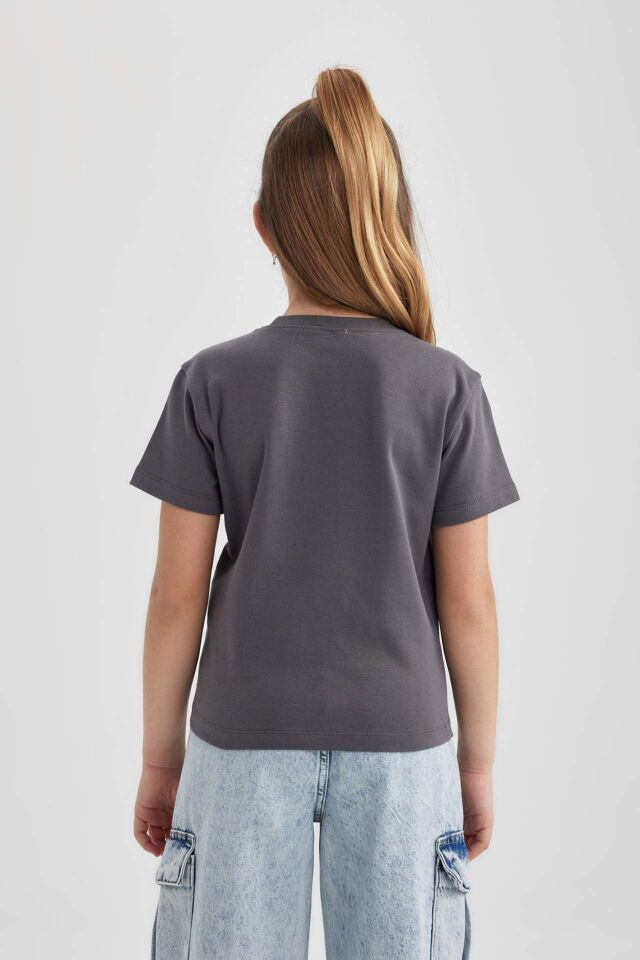 Kız Çocuk Slim Fit Dar Kesim Bisiklet Yaka Fitilli Kaşkorse Baskılı Kısa Kollu Tişört